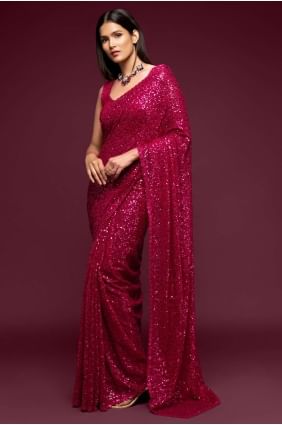 Embroidered Georgette Pink Party Wear Saree with Blouse SR19185