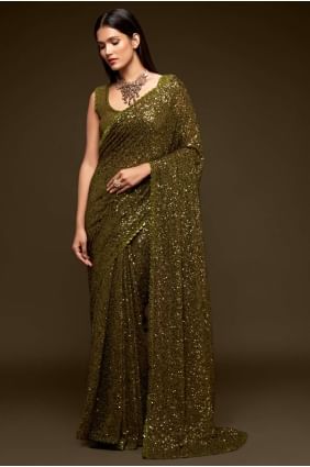 Embroidered Georgette Party Wear Saree in Mahendi  with Blouse SR19186