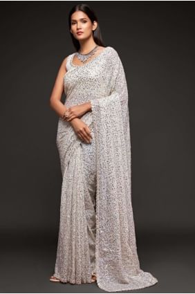 Pearl white Party Wear Saree with Embroidered Georgette SR19188