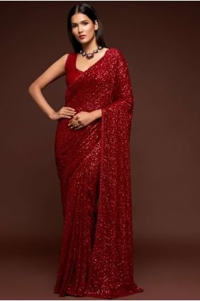 Georgette Party Wear Saree with Embroidered in Red SR19192