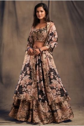 Printed Party Lehenga Choli in Black Organza LC4513