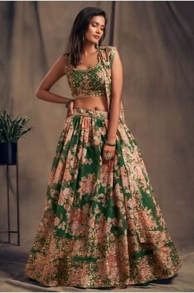 Printed Organza Party Lehenga Choli in Green LC4515