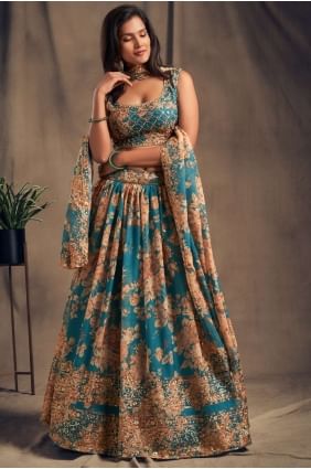 Organza Teal blue Party Lehenga Choli in Printed LC4516