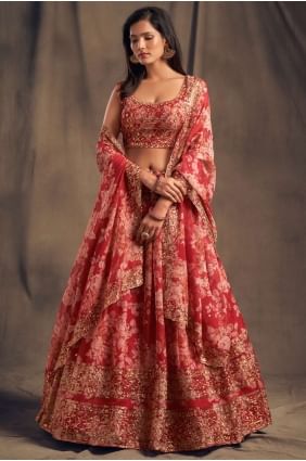 Printed Organza Party Lehenga Choli in Red with Dupatta LC4517