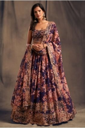 Organza Party Lehenga Choli with Printed in Purple LC4518