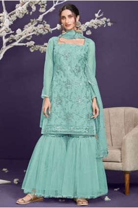 Net Eid Sharara Suit with Embroidered in Aqua blue SS0618