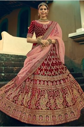 Velvet Maroon Embroidered Wedding Lehenga Choli with Dupatta LC4588