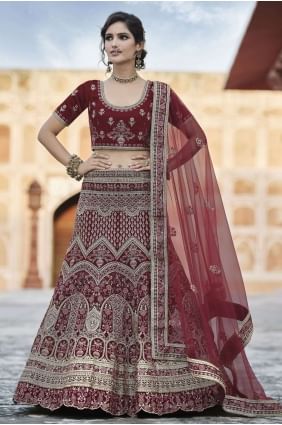 Velvet Heavy Embroidery With Hand Work Maroon Wedding Lehenga Choli with Soft Net Dupatta LC4357