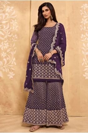 Purple Faux Georgette Sharara Suit with Heavy Designer Embroidery Work SS0596