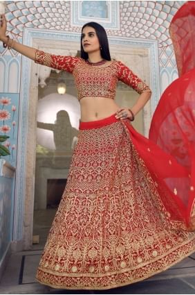 Heavy Designer Jari Embroidery Work Georgette Red Wedding Lehenga Choli Soft Net Dupatta LC4424