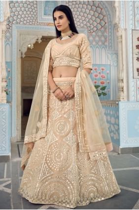 Organza Heavy Thread,Mirroe Embroidery,Foil Printed Cream Wedding Lehenga Choli with Soft Net Dupatta LC4425