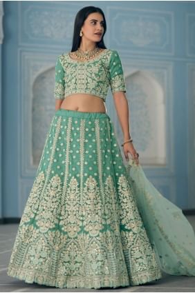 Jari Embroidery,Zarkan  Organza Wedding Lehenga Choli in Turquiose with Soft Net Dupatta LC4427
