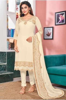 Faux Georgette White salwar kameez in Heavy Designer Embroidery,Stone Work SK14207