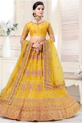 Yellow Wedding Lehenga Choli with Dori,Thread Embroidery,Diamond Work Net LC4472