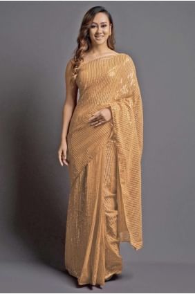 Embroidered Georgette Saree in Chiku SR20464