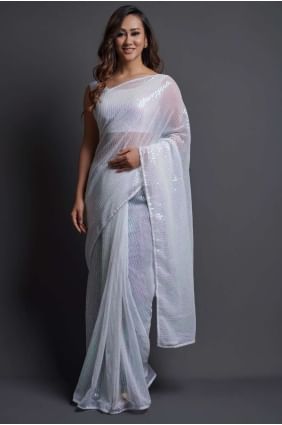 Georgette Saree with Embroidered in White SR20471