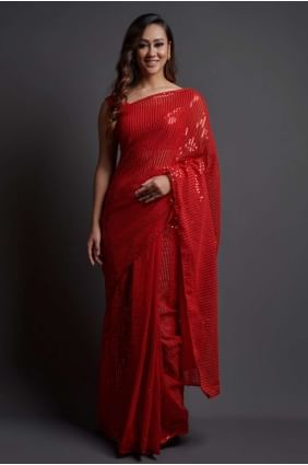 Saree Georgette  with Embroidered in Red SR20495