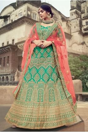 Green Wedding Lehenga Choli with Embroidered Satin LC4610