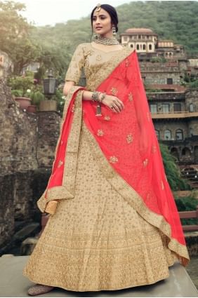Beige Embroidered Wedding Lehenga Choli in Satin LC4624