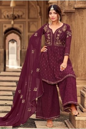 Wine  Eid Sharara Suit with Embroidered Georgette SS0639