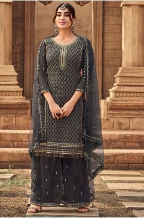 Grey Eid Sharara Suit with Embroidered Georgette SS0642