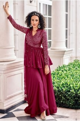 Burgundy  Embroidered Georgette and viscose Eid Palazzo Suit PZ2668