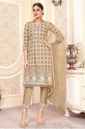 Embroidered Net Salwar Kameez in Brown with Dupatta SK14369