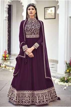 Faux georgette Embroidered  Eid Anarkali Suit in Wine AS3014