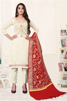 White  Chanderi Salwar Kameez in Embroidered SK14446