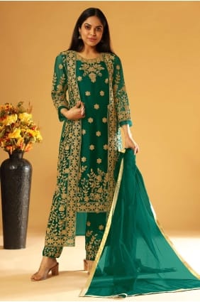 Green Net Stone with moti Eid Salwar Kameez with Dupatta SK14463
