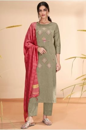 Eid Salwar Kameez in Khaki  Cotton with Embroidered SK14466