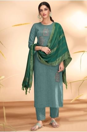 Embroidered Cotton Eid Salwar Kameez in Teal blue with Dupatta SK14467