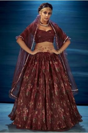 Party Lehenga Choli in Brown Organza with Digital print LC4936