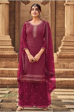 Eid Palazzo Suit in Burgundy  Georgette with Embroidered PZ2754
