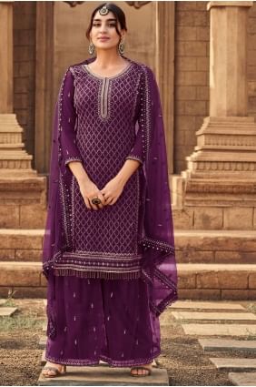 Georgette Embroidered  Eid Palazzo Suit in Wine  with Dupatta PZ2756