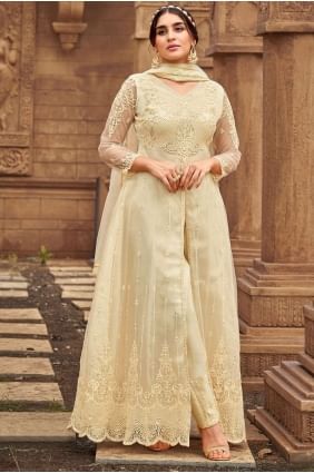 Net Eid Anarkali Suit with Stone with moti in Cream AS3096