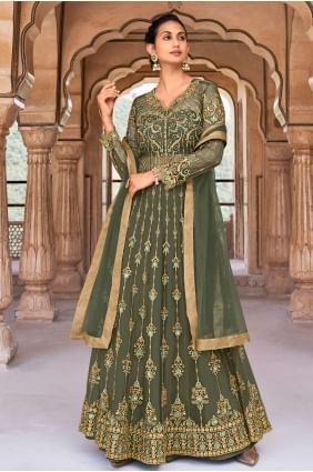 Net Embroidered Olive  Eid Anarkali Suit with Dupatta AS3049