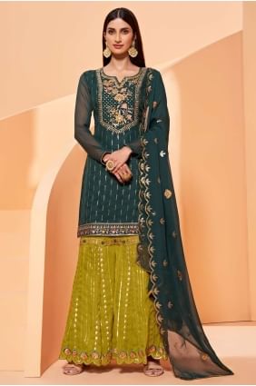 Georgette Embroidered  Eid Sharara Suit in Green SS0712