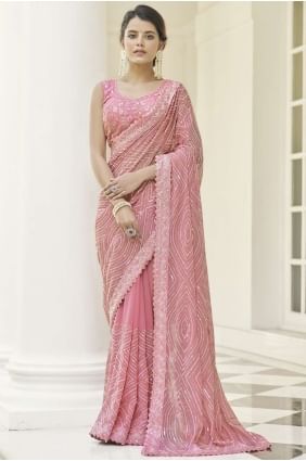 Baby pink Saree with Zari,thread,embroidered Georgette SR21920