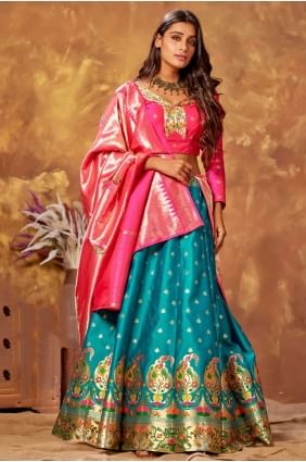 Turquoise  Weaving Party Lehenga Choli in Silk LC5450