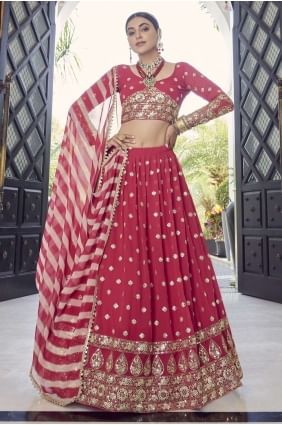 Embroidered Georgette Party Lehenga Choli in Coral red with Dupatta LC5455