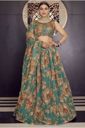 Organza Green Party Lehenga Choli in Printed LC5457