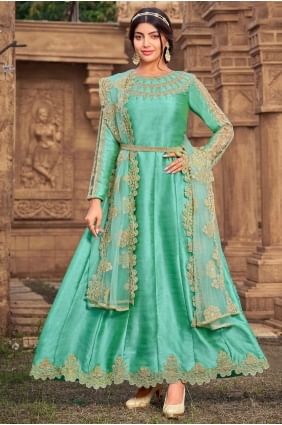 Embroidered Silk Sea green Eid Anarkali Suit with Dupatta AS3114