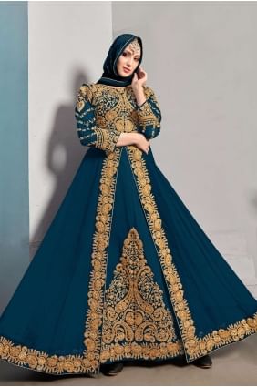 Georgette Teal blue Anarkali Suit in Embroidered AS3195