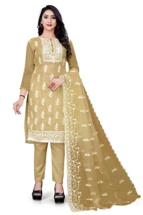 Beige Salwar Kameez in Embroidered Organza SK14766