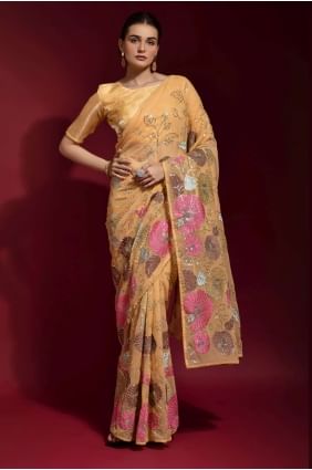 Saree with Embroidered Mustard   Georgette SR22342