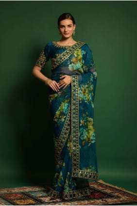 Saree in Firozi Georgette with Embroidered,printed SR22372