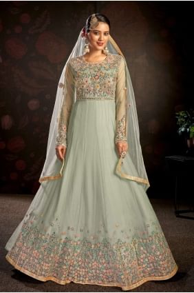 Embroidered Net Anarkali Suit in pastel green AS3221