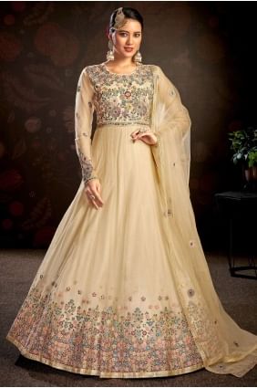 Embroidered Net Anarkali Suit in Chiku  with Dupatta AS3224