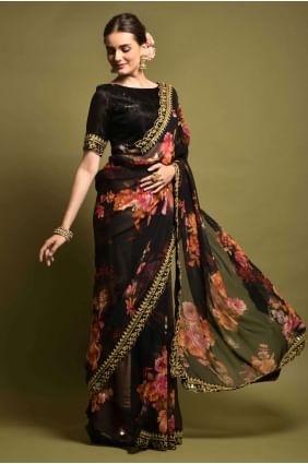 Black Saree with Embroidered,printed Georgette SR22400